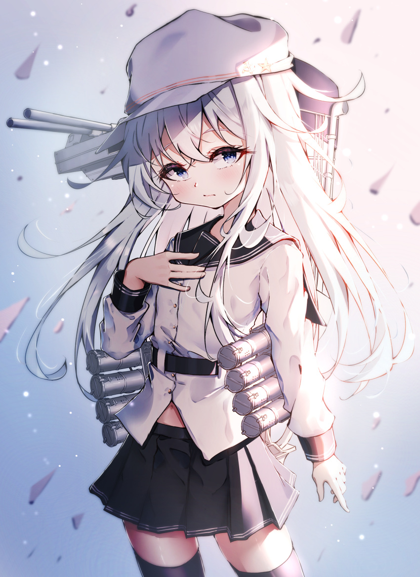 1girl absurdres black_sailor_collar black_skirt black_thighhighs blue_eyes blush buttons closed_mouth cowboy_shot dfd hair_between_eyes hammer_and_sickle hat hibiki_(kancolle) highres kantai_collection long_hair long_sleeves looking_at_viewer pleated_skirt sailor_collar sailor_shirt shirt skirt solo thigh-highs verniy_(kancolle) white_hair white_headwear white_shirt