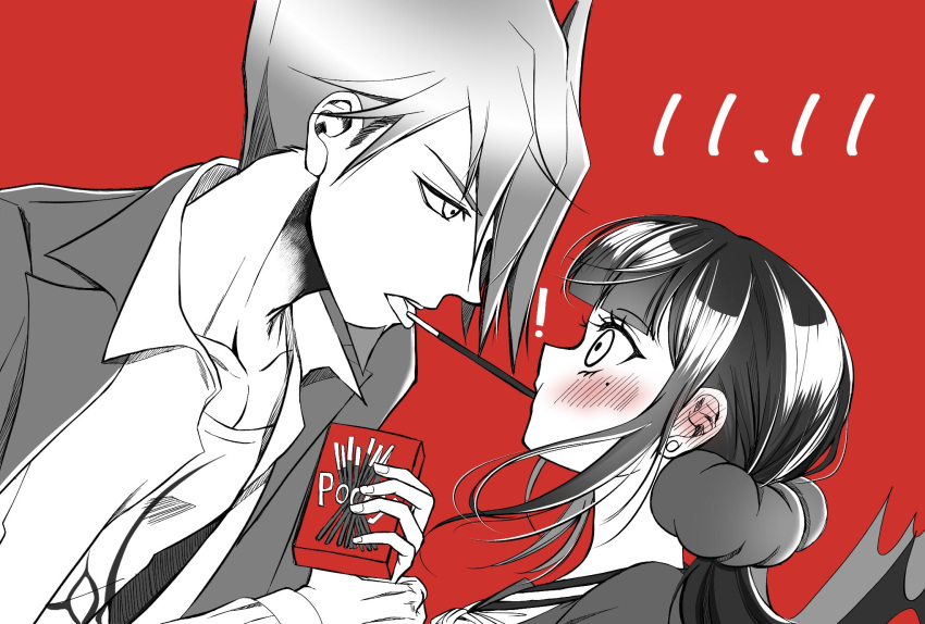 1boy 1girl blunt_bangs blush collarbone commentary danganronpa_(series) danganronpa_v3:_killing_harmony dated earrings facial_hair food from_side goatee hair_ornament hair_scrunchie harukawa_maki hetero highres jacket jewelry licking long_hair long_sleeves looking_at_another low_twintails mole mole_under_eye momota_kaito open_clothes open_shirt pocky pocky_day pocky_kiss red_background satori_(aosky9077) scrunchie shirt spiky_hair spot_color twintails