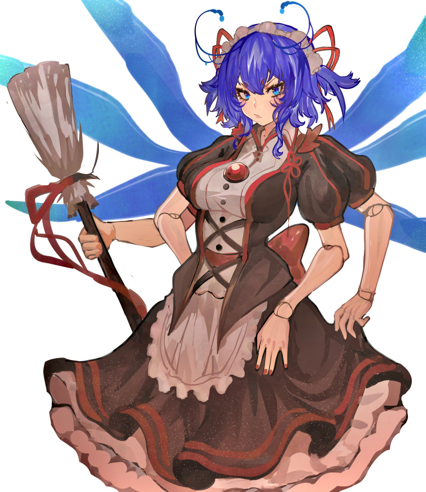 1girl absurdres antennae arthropod_girl blue_hair breasts broom closed_mouth commentary english_commentary extra_arms highres holding holding_broom looking_at_viewer maid maid_headdress original red_nails short_hair short_sleeves simple_background solo tomatolover16 white_background wings