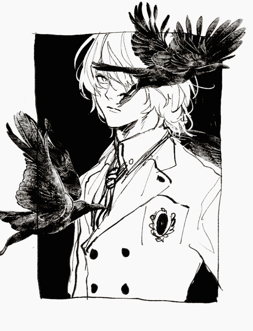1boy akechi_gorou bird closed_mouth collared_shirt commentary_request crow expressionless greyscale highres kaisen_(kaisen_inari) long_sleeves looking_at_viewer male_focus monochrome necktie persona persona_5 shirt short_hair solo upper_body