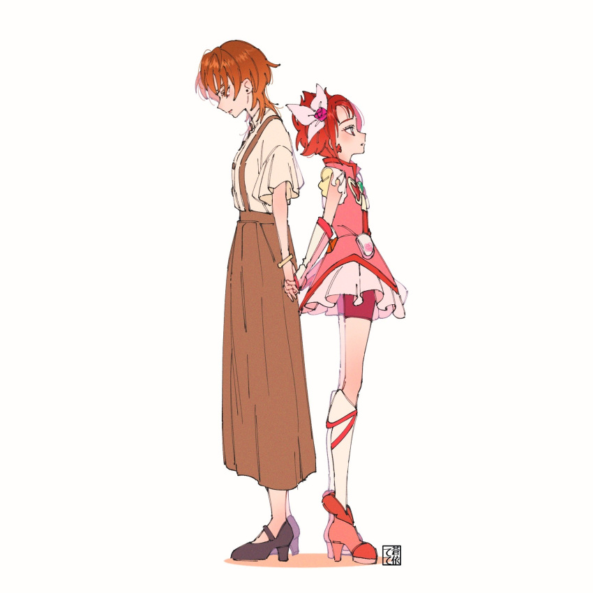 2girls aged_up artist_logo bike_shorts bike_shorts_under_skirt boots brooch brown_eyes brown_hair butterfly_brooch commentary_request cure_rouge dual_persona earrings eyelashes hair_ornament high_heel_boots high_heels highres jewelry kibou_no_chikara_~otona_precure_'23~ looking_to_the_side magical_girl multiple_girls natsuki_rin precure red_eyes red_vest redhead sad short_hair shorts shorts_under_skirt signature simple_background skirt spiky_hair standing tete_a vest white_background wrist_cuffs yes!_precure_5