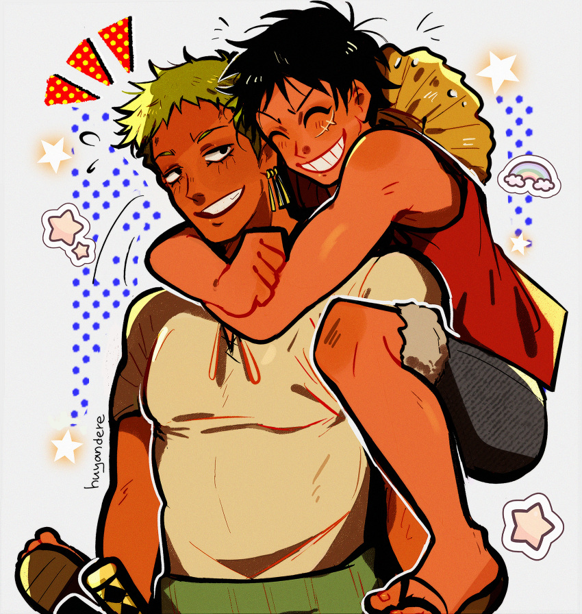 2boys absurdres bandana_around_arm black_hair blush carrying closed_eyes dark-skinned_male dark_skin earrings green_hair grin happy hat highres hug hug_from_behind huyandere jewelry male_focus monkey_d._luffy multiple_boys one_piece open_mouth piggyback red_shirt roronoa_zoro sandals scar scar_on_cheek scar_on_face shirt short_hair shorts sideburns smile straw_hat sweatdrop teeth toned toned_male white_shirt yaoi