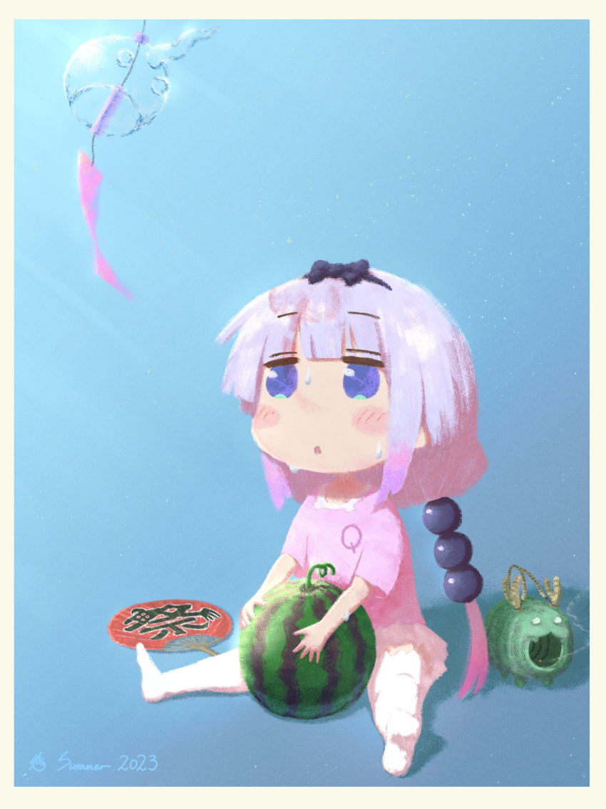 1girl absurdres beads black_bow black_hairband blue_eyes bow bow_hairband commentary_request dress food fruit hair_beads hair_bow hair_ornament hairband hand_fan highres kanna_kamui kobayashi-san_chi_no_maidragon long_hair low_twintails no_shoes paper_fan parted_lips pink_dress purple_hair shingen318 short_sleeves sitting solo sweat thigh-highs twintails uchiwa very_long_hair watermelon white_thighhighs