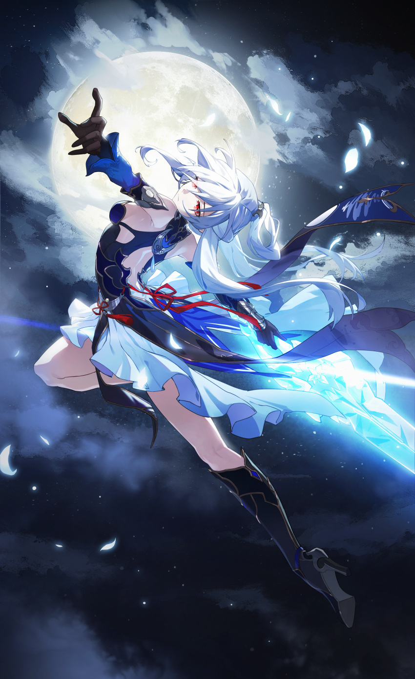 1girl absurdres bare_shoulders black_gloves blue_sleeves boots clouds dan_(user_12458614) detached_sleeves full_moon gloves high_ponytail highres holding holding_sword holding_weapon honkai:_star_rail honkai_(series) jingliu_(honkai:_star_rail) long_hair moon night night_sky petals ponytail red_eyes sky sword weapon white_hair