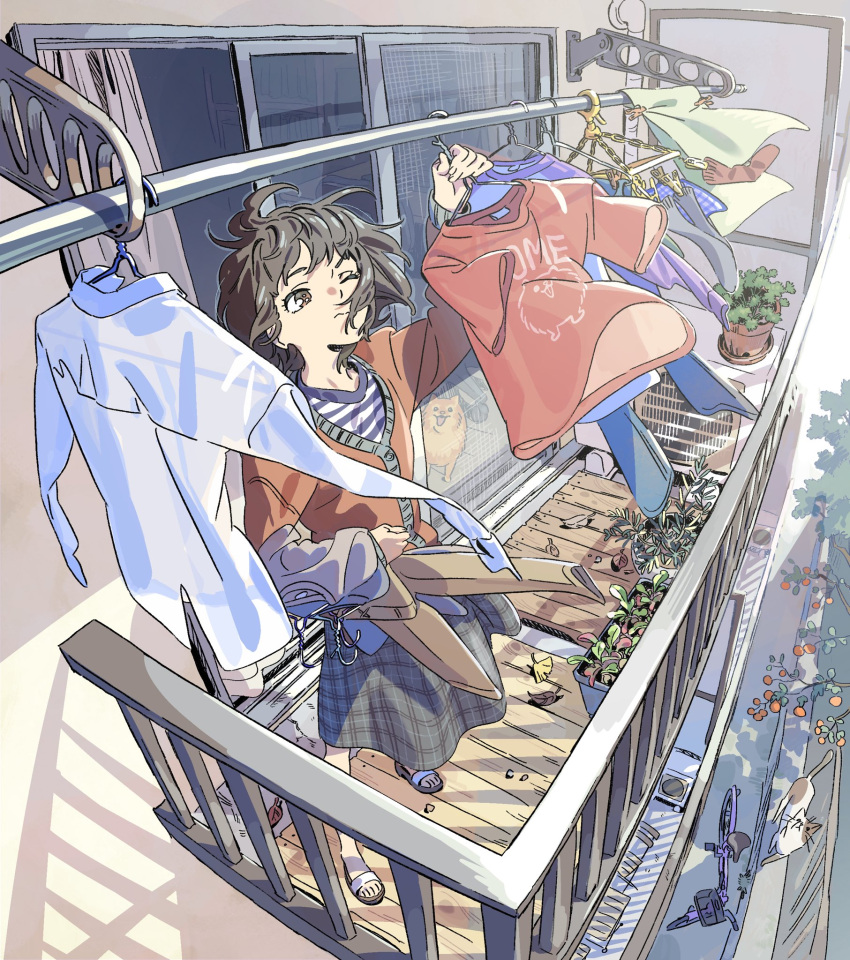1girl air_conditioner apartment balcony bicycle black_hair brown_eyes cardigan cat closed_mouth clothes_hanger clothes_pin commentary dog feet food fruit highres holding holding_clothes holding_clothes_hanger kariya_(kry_aia) laundry_pole legs messy_hair one_eye_closed orange_(fruit) original pink_shirt plaid plaid_skirt plant potted_plant red_cardigan red_shirt sandals screen_door shirt short_hair skirt sliding socks solo striped striped_shirt towel veranda white_shirt wind