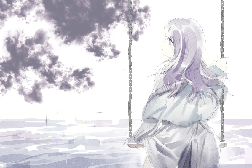 1other androgynous blue_capelet capelet clause closed_mouth coat commentary_request grey_coat highres kysk_maki len'en long_hair long_sleeves looking_back other_focus pale_skin purple_hair sketch solo sparkle swing violet_eyes wavy_hair