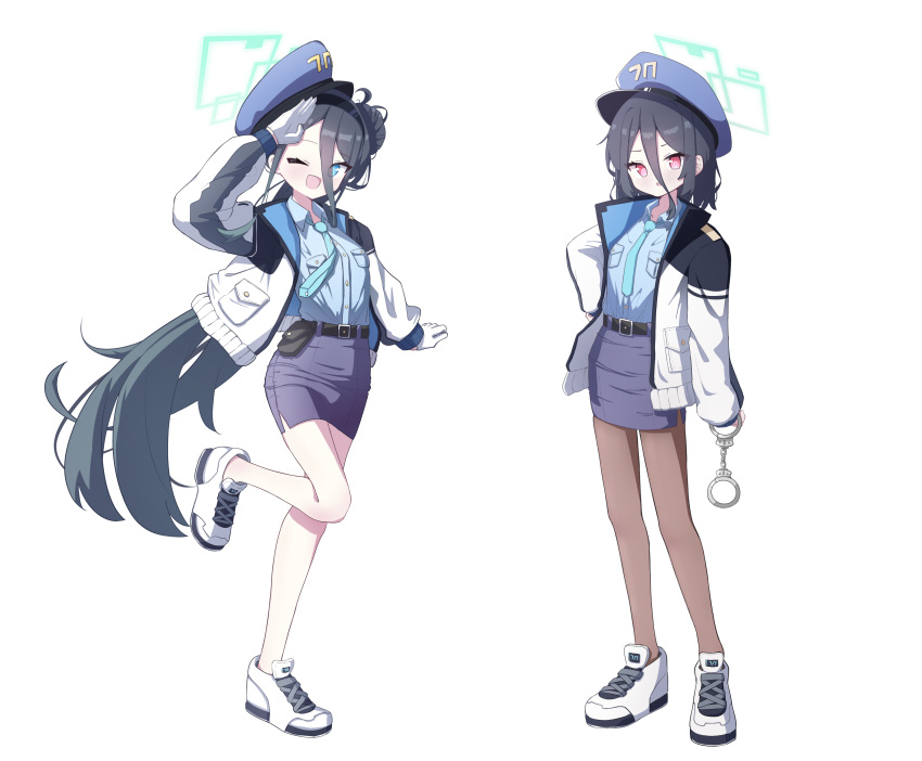 &lt;key&gt;_(blue_archive) 2girls 525_woiwo absurdres alternate_costume aris_(blue_archive) belt black_belt black_hair blue_archive blue_eyes blue_headwear blue_shirt blue_skirt collared_shirt full_body gloves green_necktie hat highres jacket long_hair multiple_girls necktie one_eye_closed one_side_up open_clothes open_jacket open_mouth pencil_skirt police police_uniform policewoman salute shirt shoes simple_background skirt smile uniform very_long_hair white_background white_footwear white_gloves white_jacket