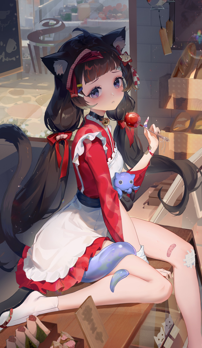 1girl absurdres animal_ears apron arm_support baguette bandaid bandaid_on_hand bell black_choker black_hair bread brick_wall candy_apple cat_ears cat_girl cat_tail choker commentary_request dress food frilled_apron frills hand_up highres holding holding_food hz_(megumi_akira) jingle_bell long_hair long_sleeves looking_at_viewer low_twintails maid_apron neck_bell no_shoes original parted_lips red_dress socks solo tail tentacles twintails very_long_hair violet_eyes white_apron white_socks