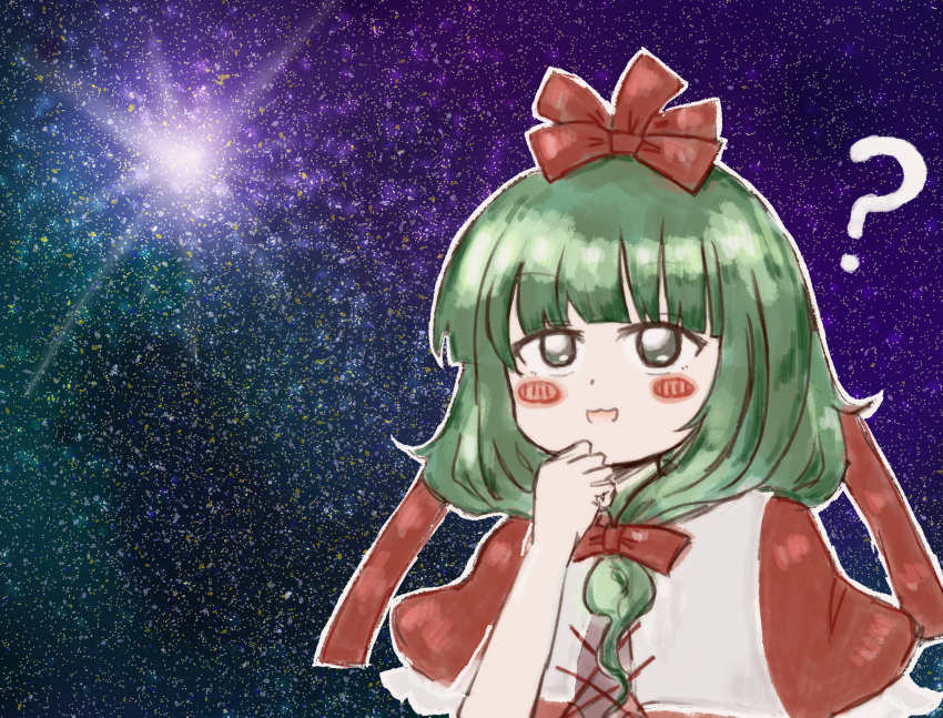 1girl ? blunt_bangs blush bow front_ponytail gradient_background green_hair hair_bow hair_ribbon highres kagipen kagiyama_hina meme open_mouth puffy_short_sleeves puffy_sleeves red_bow red_ribbon ribbon short_sleeves smile solo space space_cat_(meme) thinking touhou upper_body