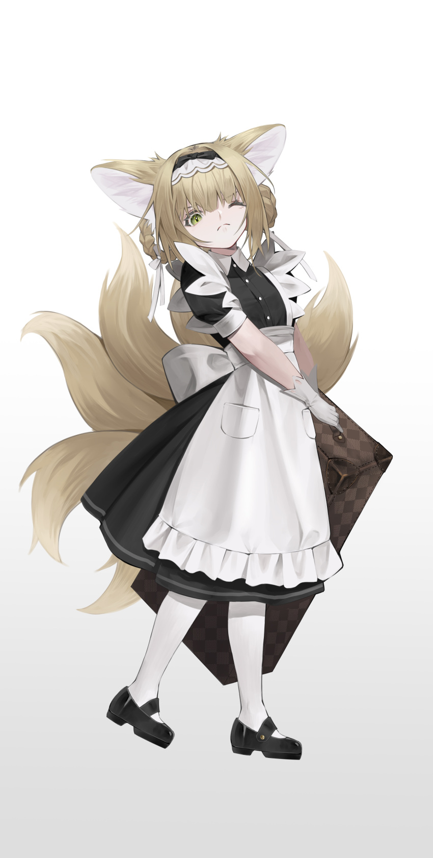 1girl absurdres alternate_costume animal_ears apron arknights black_dress black_footwear blonde_hair braid braided_hair_rings chinese_commentary closed_mouth commentary_request dress enmaided fox_ears fox_girl fox_tail gloves green_eyes hair_ribbon hair_rings highres holding holding_suitcase kitsune kyuubi maid maid_apron maid_headdress medium_dress multiple_tails one_eye_closed pantyhose puffy_short_sleeves puffy_sleeves revision ribbon shoes short_hair short_sleeves simple_background solo suitcase suyi-j suzuran_(arknights) tail twin_braids white_apron white_background white_gloves white_pantyhose white_ribbon