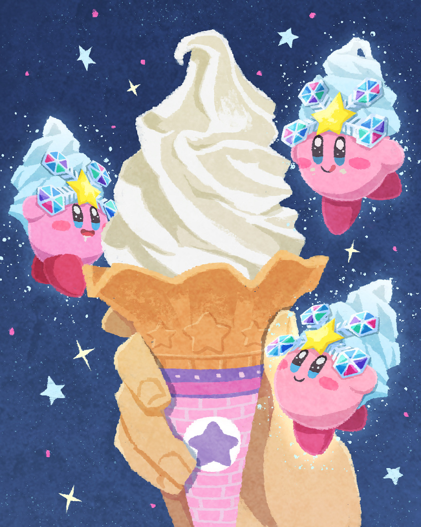 1other :q blue_background blue_eyes blush_stickers closed_mouth food food_focus highres holding holding_food ice_cream ice_kirby kirby kirby's_return_to_dream_land kirby_(series) miclot pink_footwear shoes simple_background smile snow_bowl soft_serve sparkle tongue tongue_out