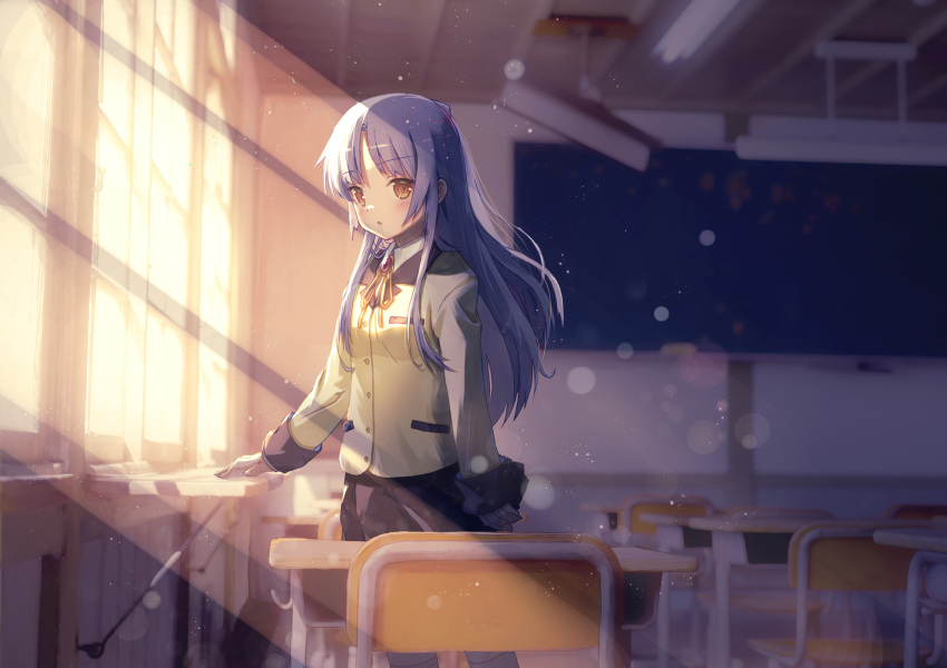 1girl akayama_yukihe angel_beats! arm_at_side black_skirt blurry blurry_background blush classroom commentary_request cowboy_shot day highres indoors jacket lens_flare light_particles light_rays long_hair long_sleeves looking_at_viewer miniskirt neck_ribbon parted_bangs parted_lips ribbon school_uniform sidelighting sidelocks skirt solo standing sunbeam sunlight tachibana_kanade white_hair yellow_eyes yellow_jacket yellow_ribbon