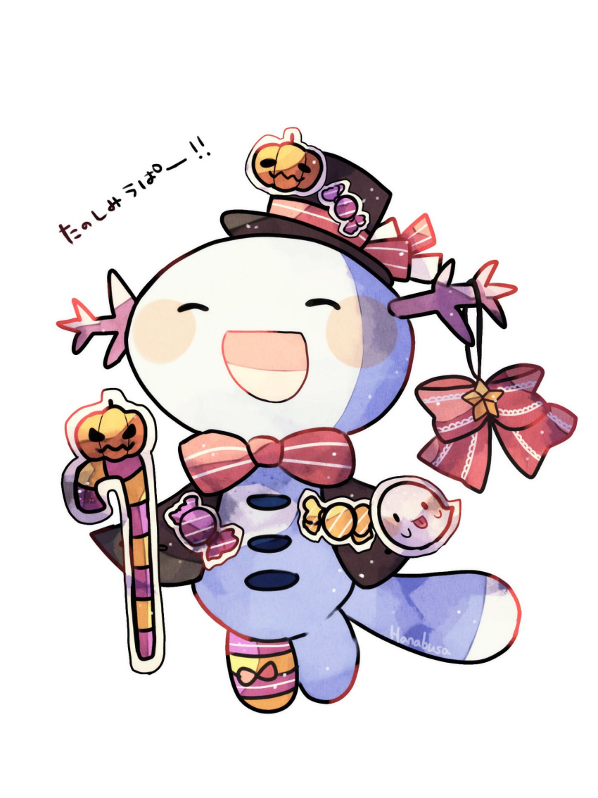 :d ^_^ animal_focus artist_name bow bowtie candy candy_cane closed_eyes food halloween halloween_costume hanabusaoekaki hat highres holding holding_candy holding_candy_cane holding_food no_humans pokemon pokemon_(creature) red_bow red_bowtie smile solo tail top_hat translation_request wooper