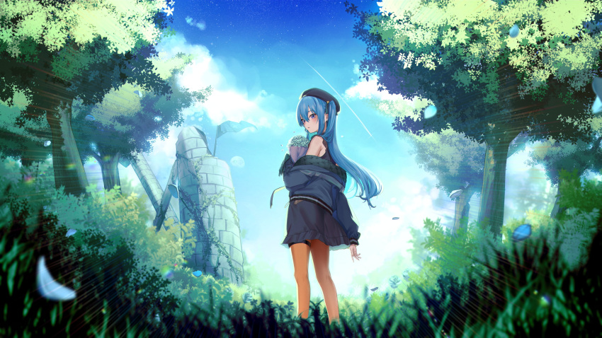 1girl absurdres armpit_crease beret blue_dress blue_eyes blue_hair blue_headwear blue_jacket blue_sky blush bouquet day dress eredhen eyelashes flag from_side grass hair_between_eyes hand_up hat highres holding hololive hoshimachi_suisei hoshimachi_suisei_(3rd_costume) jacket legs long_hair looking_at_viewer off_shoulder official_alternate_costume one_side_up orange_pantyhose outdoors pantyhose plant scenery shooting_star sky solo standing star_(sky) star_(symbol) star_in_eye starry_sky symbol_in_eye thigh_strap tree very_long_hair vines virtual_youtuber