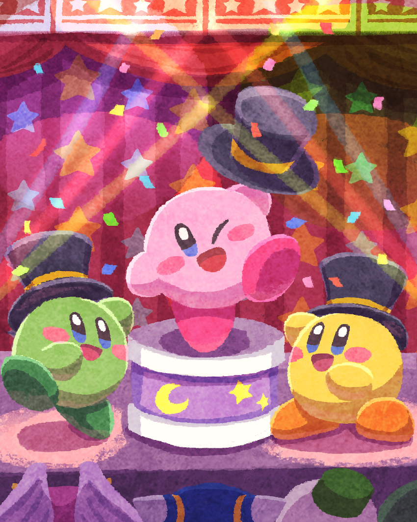 black_headwear blue_eyes blush_stickers character_request copy_ability curtains green_footwear hat highres holding holding_clothes holding_hat kirby kirby's_return_to_dream_land_deluxe kirby_(series) looking_at_viewer magic_kirby miclot no_humans one_eye_closed open_mouth orange_footwear pink_footwear shoes smile spotlight stage stage_lights top_hat white_wings wings