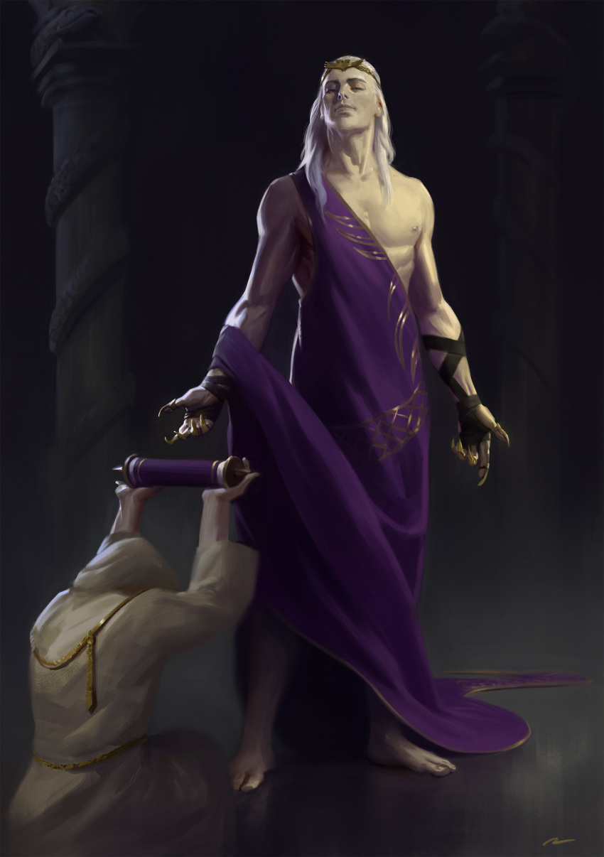 absurdres barefoot clawed_gauntlets column commentary emperor's_children english_commentary fulgrim highres holding holding_scroll hooded_robe indoors long_hair male_focus naked_robe official_art ornate_clothes oruam photoshop_(medium) pillar primarch purple_robe reflective_floor robe scroll smile smug standing warhammer_40k white_hair white_robe