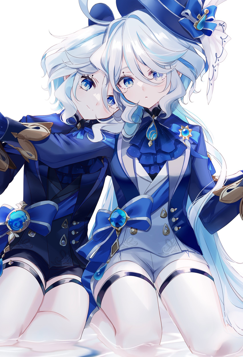 2girls absurdres ahoge ascot black_jacket black_shorts blue_ascot blue_bow blue_brooch blue_coat blue_eyes blue_gemstone blue_hair blue_headwear bow closed_mouth coat furina_(genshin_impact) furrowed_brow gem genshin_impact hair_intakes hand_up hat hat_bow heads_together heterochromia highres jacket light_blue_hair light_smile long_bangs long_hair long_sleeves mismatched_pupils misumi_(macaroni) multiple_girls multiple_persona open_clothes open_coat parted_lips shallow_water short_hair shorts simple_background sitting swept_bangs thigh_strap thighs top_hat very_long_hair waist_bow waist_brooch water wavy_hair white_background white_jacket white_shorts