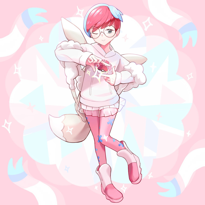 1girl ;) alternate_color backpack bag blue_hair boots closed_mouth ffccll full_body glasses grey_eyes highres holding holding_poke_ball hood hoodie long_sleeves mixed-language_commentary multicolored_hair one_eye_closed pantyhose penny_(pokemon) pink_pantyhose pleated_skirt poke_ball poke_ball_(basic) pokemon pokemon_(game) pokemon_masters_ex redhead round_eyewear see-through see-through_skirt shorts skirt smile solo sparkle two-tone_hair white_shorts