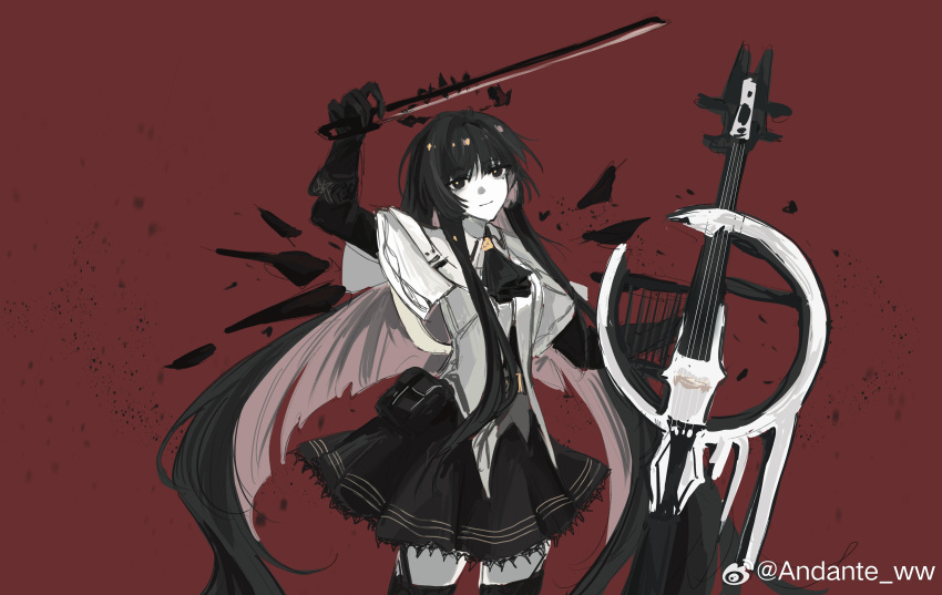 1girl absurdres ahoge andante_ww arknights artist_name ascot belt belt_buckle black_ascot black_bustier black_eyes black_garter_straps black_gloves black_hair black_halo black_pouch black_skirt black_thighhighs black_wings blunt_bangs bow_(music) breasts broken_halo buckle bustier cello chinese_commentary closed_mouth collared_jacket colored_skin commentary_request dark_halo detached_wings energy_wings garter_straps gloves grey_shirt halo hands_up head_tilt highres hime_cut holding holding_bow_(music) holding_instrument holding_violin instrument jacket layered_sleeves light_smile long_hair long_sleeves looking_at_viewer miniskirt mole mole_under_eye pleated_skirt pouch red_background shirt short_over_long_sleeves short_sleeved_jacket short_sleeves sidelocks simple_background skirt solo standing thigh-highs very_long_hair violin virtuosa_(arknights) watermark weibo_logo weibo_username white_belt white_jacket white_skin wide_sleeves wing_collar wings yellow_pupils zettai_ryouiki