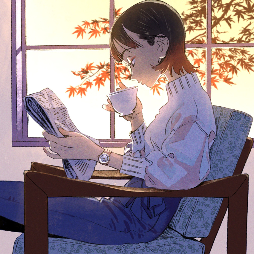 1girl backlighting black_hair blue_pants bow closed_mouth cup eyelashes eyeliner fingers hair_behind_ear highres holding holding_cup indoors kariya_(kry_aia) knees_out_of_frame leaf legs lips long_eyebrows long_sleeves makeup maple_leaf maple_tree newspaper nordgreen on_chair pants patterned reading red_eyeliner short_hair sitting solo sweater swept_bangs teacup tree turtleneck turtleneck_sweater watch watch white_sweater window