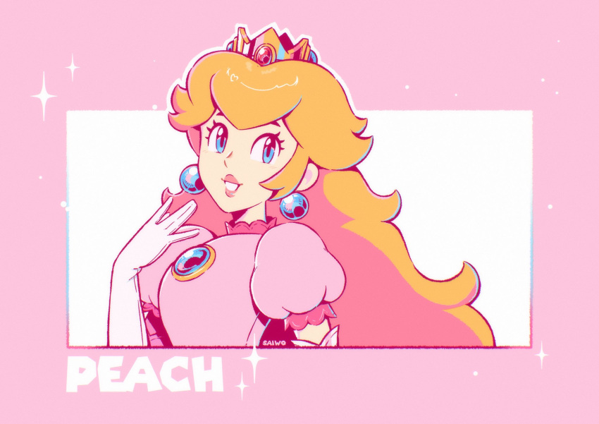 1girl \||/ blonde_hair blue_eyes brooch character_name crown dress earrings elbow_gloves gloves highres jewelry long_hair looking_to_the_side parted_lips pink_background pink_dress princess_peach puffy_short_sleeves puffy_sleeves saiwo_(saiwoproject) short_sleeves solo sphere_earrings super_mario_bros. two-tone_background two_side_up white_background white_gloves