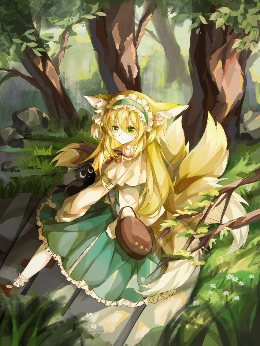 1girl absurdres animal_ears arknights black_cat blonde_hair bobby_socks brown_bag brown_footwear cat closed_mouth commentary cross-laced_clothes cross-laced_skirt fox_ears fox_girl fox_tail frilled_hairband frilled_skirt frills green_eyes green_hairband green_skirt hairband highres kitsune kyuubi long_hair long_sleeves luo_xiaohei luo_xiaohei_zhanji multiple_tails neck_ribbon official_alternate_costume outdoors puffy_long_sleeves puffy_sleeves red_ribbon ribbon round_bag shoes skirt smile socks split_mouth suzuran_(arknights) suzuran_(spring_praise)_(arknights) tail white_socks zaolin_rinn