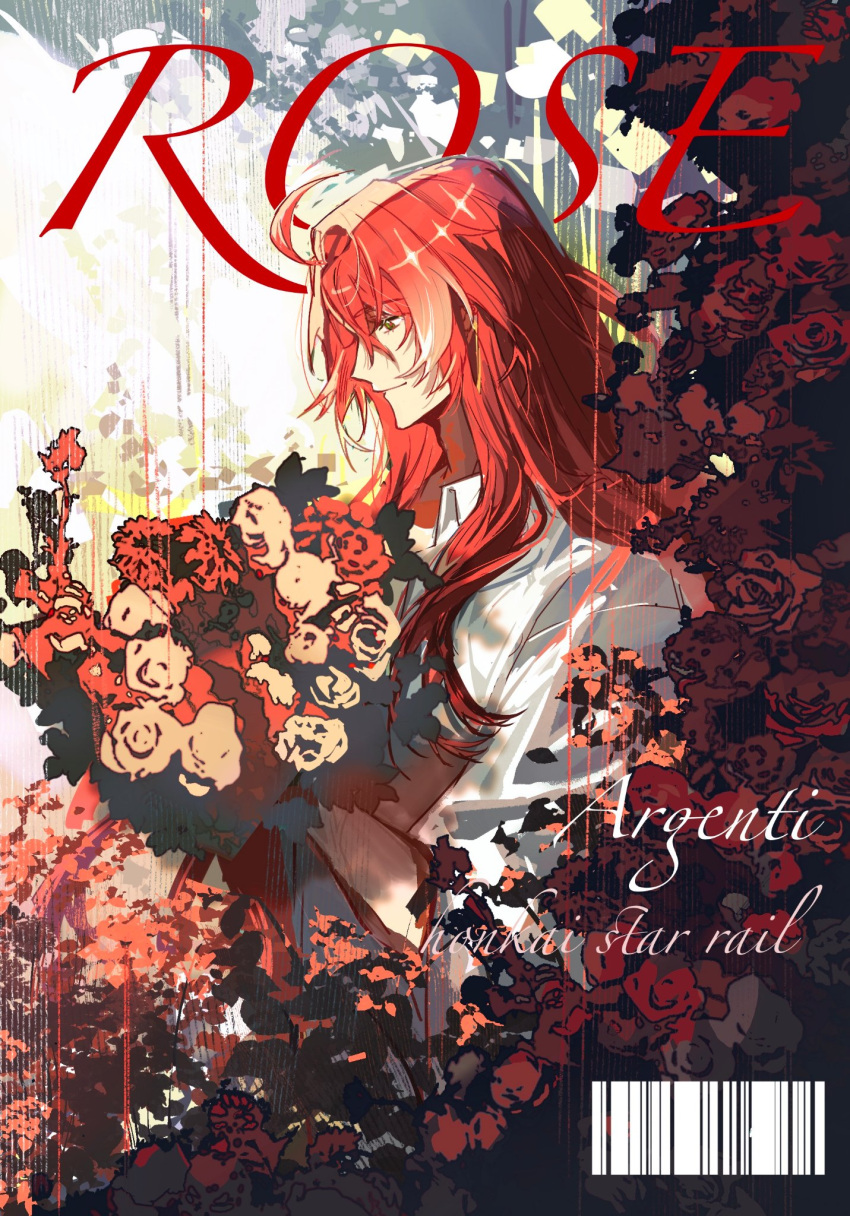 1boy ahoge alternate_costume androgynous argenti_(honkai:_star_rail) barcode bouquet character_name closed_eyes cover english_text flower hair_between_eyes highres holding holding_bouquet honkai:_star_rail honkai_(series) looking_down magazine_cover male_focus multicolored_hair red_flower red_rose redhead rose shirt solo streaked_hair upper_body white_shirt white_sleeves yichensang