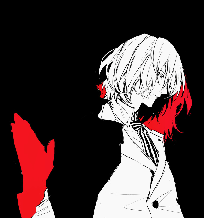 1boy akechi_gorou black_background blending collared_shirt commentary_request hair_between_eyes hand_up highres kaisen_(kaisen_inari) looking_down male_focus necktie persona persona_5 profile shirt short_hair solo spot_color striped_necktie upper_body