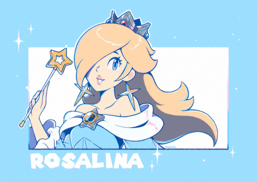 1girl aqua_background aqua_dress blonde_hair brooch character_name crown dress earrings hair_over_one_eye highres holding holding_wand jewelry long_hair long_sleeves looking_to_the_side parted_lips rosalina saiwo_(saiwoproject) solo star_(symbol) star_brooch star_earrings star_wand strapless strapless_dress super_mario_bros. two-tone_background upper_body wand white_background