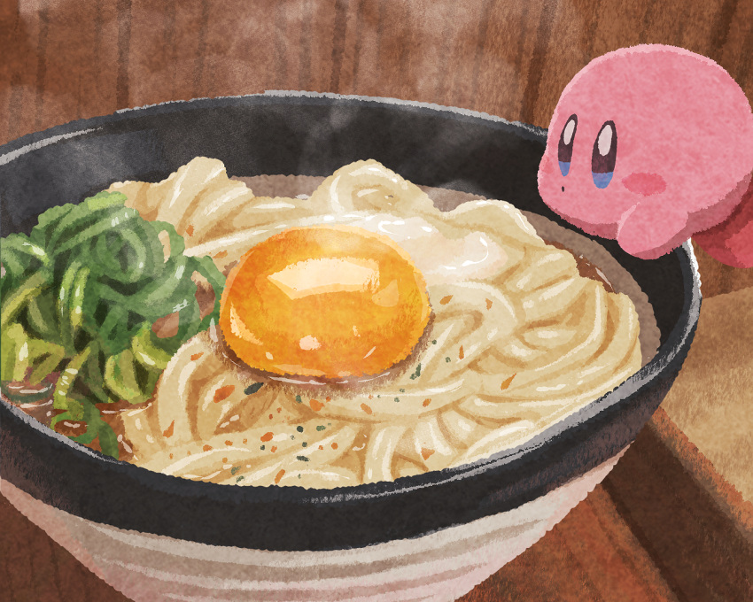 blowing_on_food blue_eyes blush_stickers bowl commentary egg food food_focus kirby kirby_(series) miclot no_humans noodles open_mouth pink_footwear shoes steam udon