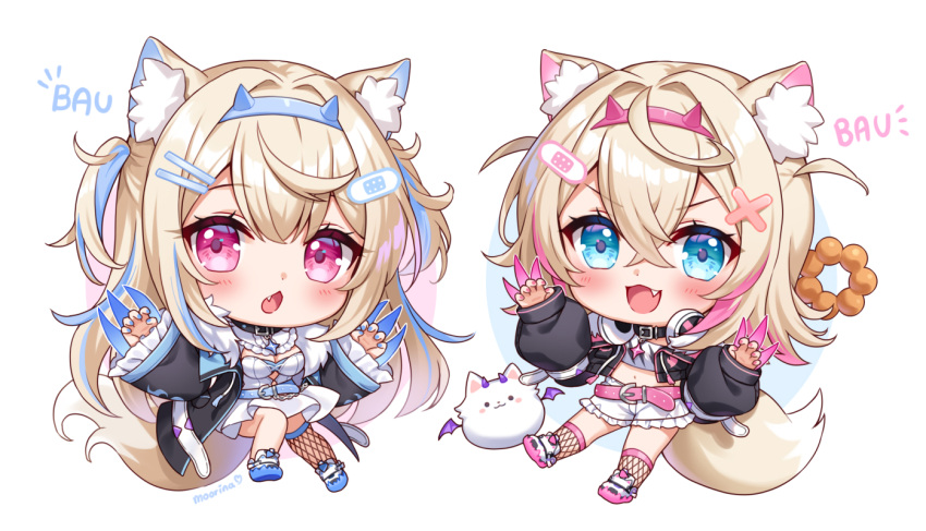 2girls :d :o animal_collar animal_ears bandaid_hair_ornament belt black_collar black_jacket blonde_hair blue_belt blue_eyes blue_hair blue_hairband blue_nails blush breasts chestnut_mouth chibi claw_pose claws collar colored_shoe_soles commentary cropped_jacket cropped_shirt crossed_bangs dog_ears dog_girl dog_tail double-parted_bangs doughnut dress english_commentary fake_horns fang fishnet_socks fishnet_thighhighs fishnets flat_chest food frilled_shorts frilled_sleeves frills full_body fur-trimmed_jacket fur_trim fuwawa_abyssgard hair_between_eyes hair_intakes hair_ornament hairband hairclip hololive hololive_english horns jacket kneehighs long_hair long_sleeves looking_at_viewer medium_breasts mococo_abyssgard moorina multicolored_hair multiple_girls nail_polish open_mouth over-kneehighs perroccino_(fuwamoco) pink_belt pink_eyes pink_hair pink_hairband pink_nails pon_de_ring shirt shoes short_dress short_hair short_shorts shorts single_over-kneehigh single_thighhigh smile sneakers socks streaked_hair tail thigh-highs two_side_up v-shaped_eyebrows virtual_youtuber white_dress white_footwear white_shirt white_shorts x_hair_ornament