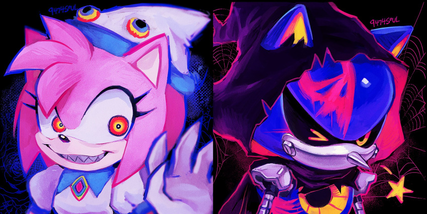 &gt;_o 1boy 1girl 9474s0ul amy_rose clenched_teeth cloak commentary english_commentary hat highres hood hooded_cloak looking_at_viewer metal_sonic multicolored_eyes non-humanoid_robot one_eye_closed red_eyes robot sharp_teeth smile sonic_(series) teeth upper_body yellow_eyes