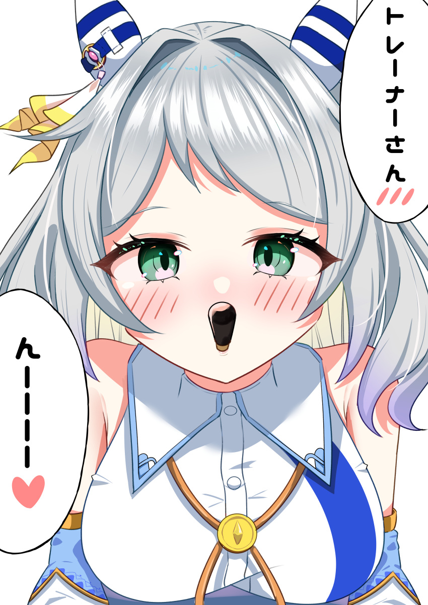 1girl abision absurdres animal_ears blush breasts commentary_request detached_sleeves food food_in_mouth grey_hair hair_ornament highres hishi_miracle_(umamusume) horse_ears horse_girl looking_at_viewer medium_breasts medium_hair pocky pocky_day simple_background solo translation_request umamusume white_background