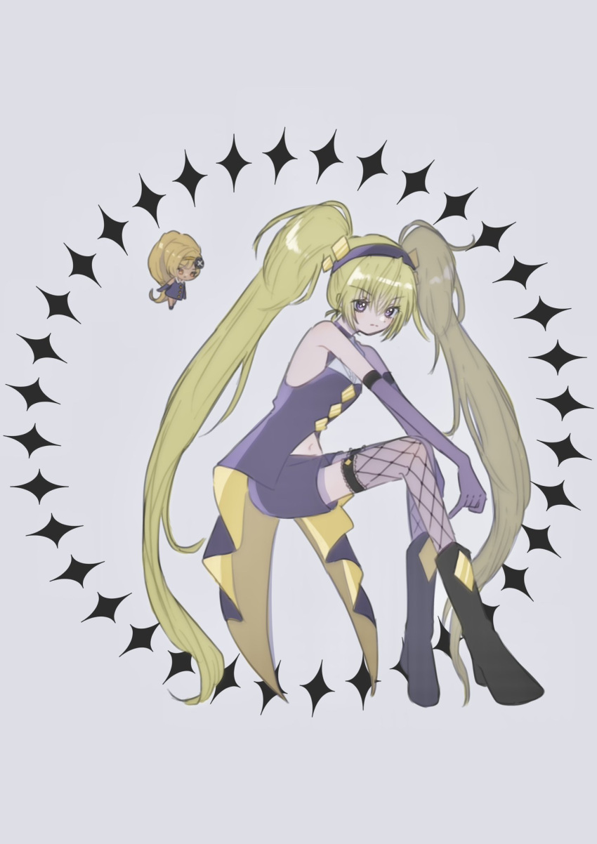 atat_karubi bare_shoulders blonde_hair diamond_(shape) dress elbow_gloves expressionless fishnet_pantyhose fishnets full_body gloves grey_background hairband hands_on_own_knees high-low_skirt highres hoshina_utau long_hair looking_to_the_side navel pantyhose purple_dress purple_gloves purple_hairband purple_shorts shorts shugo_chara! sitting sleeveless sleeveless_dress twintails very_long_hair