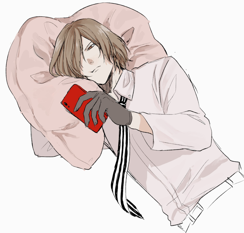 1boy akechi_gorou brown_eyes brown_hair closed_mouth collared_shirt commentary_request frown gloves grey_gloves hair_over_one_eye highres holding holding_phone kaisen_(kaisen_inari) long_sleeves looking_at_phone lying male_focus necktie on_side persona persona_5 phone pillow shirt solo striped_necktie white_background white_shirt