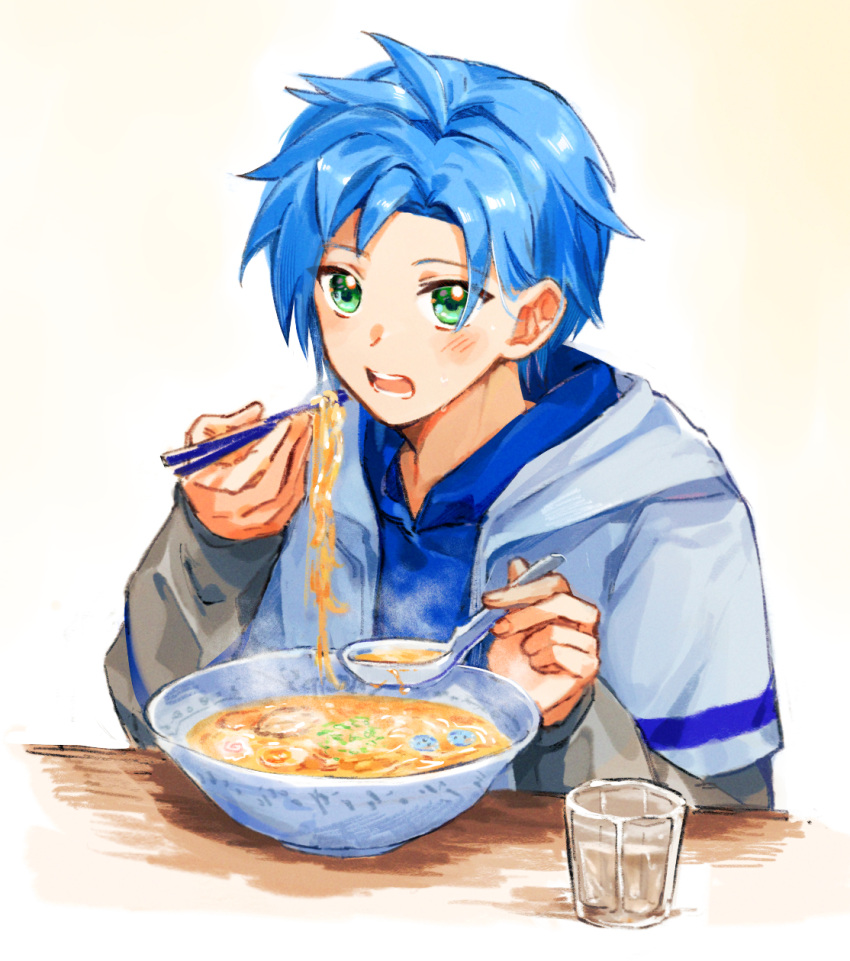 1boy blue_hair bowl chopsticks cup eating food green_eyes grey_shirt highres holding holding_chopsticks holding_spoon holostars holostars_english hood hood_down hoodie hou37707274 jacket layered_sleeves long_sleeves looking_at_viewer male_focus noodles open_mouth parted_bangs ramen regis_altare shirt short_over_long_sleeves short_sleeved_jacket short_sleeves spoon sweat table virtual_youtuber white_background white_jacket