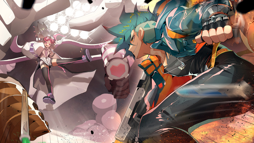 1boy 1girl asymmetrical_hair black_hair blue_hair brown_eyes brown_hair duel_monster fingerless_gloves full_body gloves goggles goggles_on_head gun heart highres holding holding_gun holding_weapon lab_coat mechanical_arms multicolored_hair open_mouth pants ro_g_(oowack) sleeves_past_fingers sleeves_past_wrists smile test_tube vanquish_soul_dr._mad_love vanquish_soul_razen very_long_sleeves violet_eyes weapon white_hair yu-gi-oh!