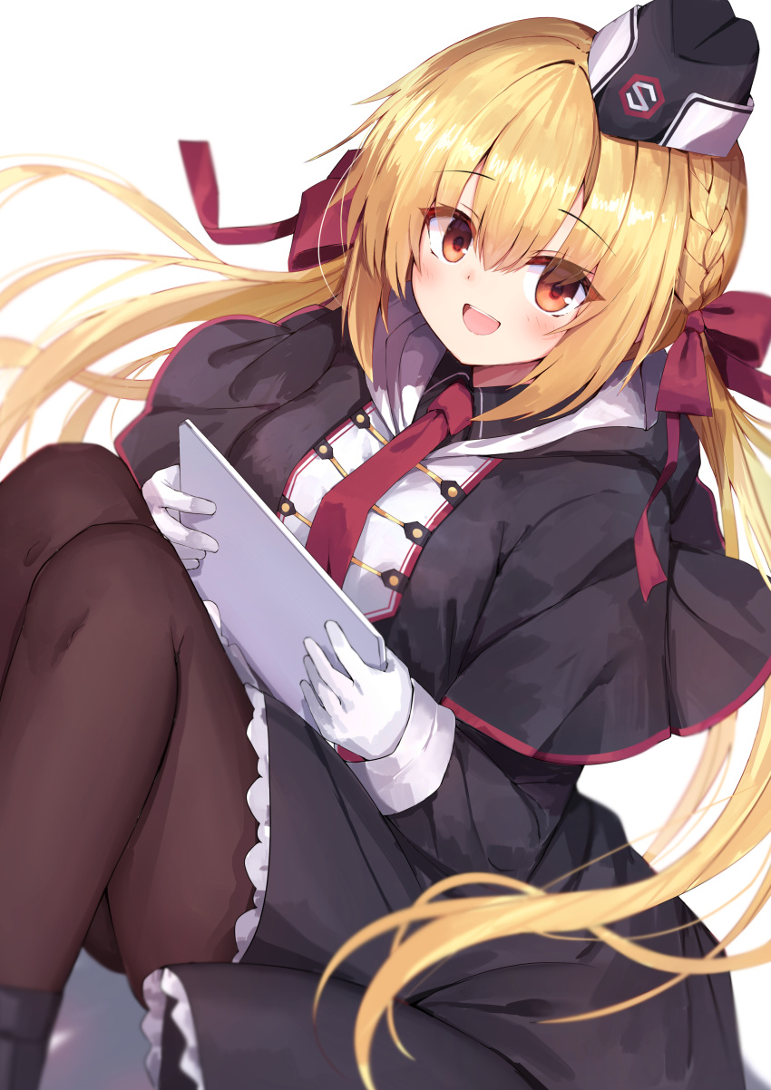 1girl :d absurdres arihara_nanami black_capelet black_dress black_hairband black_pantyhose blonde_hair blurry blush bow braid capelet commentary depth_of_field dress eyelashes eyes_visible_through_hair floating_hair frilled_dress frills garrison_cap gloves hair_between_eyes hair_bow hair_ribbon hairband happy hat highres holding holding_tablet_pc knees_up long_hair looking_at_viewer necktie nodoameyatou open_mouth pantyhose red_bow red_eyes red_necktie red_ribbon ribbon riddle_joker short_dress side_braid simple_background sitting smile solo tablet_pc teeth tsurime twintails upper_teeth_only very_long_hair white_background white_gloves