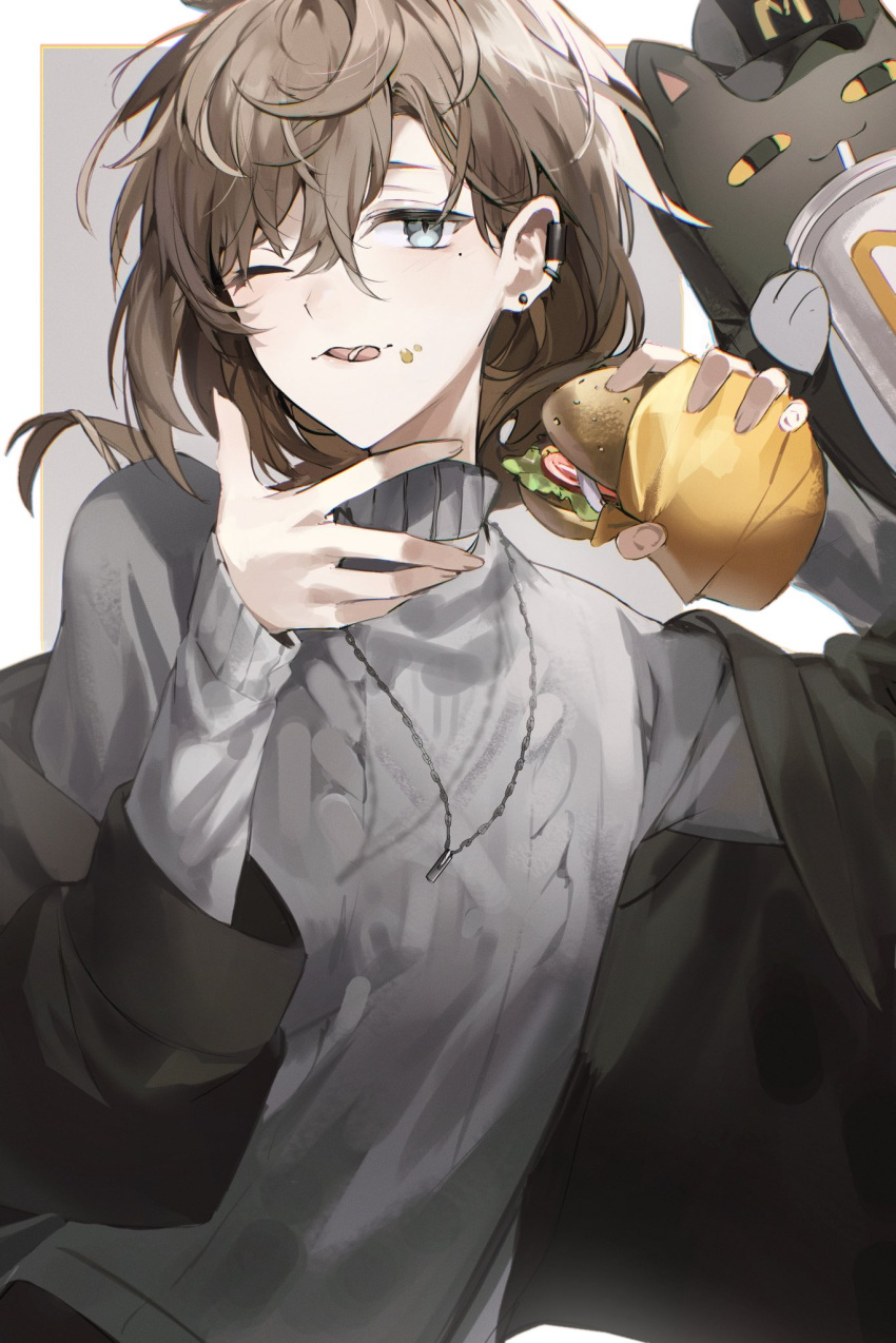 1boy black_border black_jacket blue_eyes border brown_hair burger ear_piercing earclip earrings eating food grey_background grey_sweater hair_between_eyes hand_to_own_mouth highres holding holding_food jacket jewelry kanae_(8th_costume)_(nijisanji) kanae_(nijisanji) licking_lips long_hair long_sleeves looking_at_viewer low_ponytail male_focus mcdonald's mellowone mole mole_under_eye necklace nijisanji off_shoulder one_eye_closed piercing roto_(kanae) simple_background solo stud_earrings stuffed_animal stuffed_cat stuffed_toy sweater tongue tongue_out turtleneck turtleneck_sweater upper_body virtual_youtuber white_border