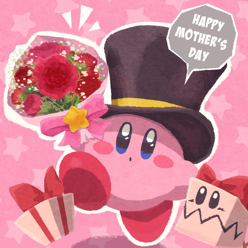 blue_eyes blush_stickers bouquet bow carnation commentary flower gift hat highres holding holding_bouquet kirby kirby_(series) miclot mother's_day no_humans open_mouth pink_background pink_bow pink_flower pink_footwear pink_theme red_flower shoes speech_bubble starry_background top_hat