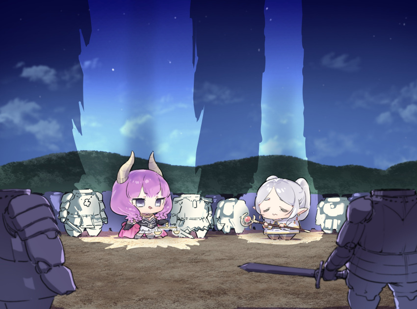 1other 2girls absurdres armor aura_(sousou_no_frieren) balance_scale chibi closed_eyes closed_mouth demon_girl demon_horns elf frieren full_armor full_body highres holding holding_scale holding_staff horns long_hair mage_staff mountainous_horizon multiple_girls night night_sky oshake outdoors parted_bangs pointy_ears scene_reference sky sousou_no_frieren staff standing star_(sky) twintails weighing_scale white_hair