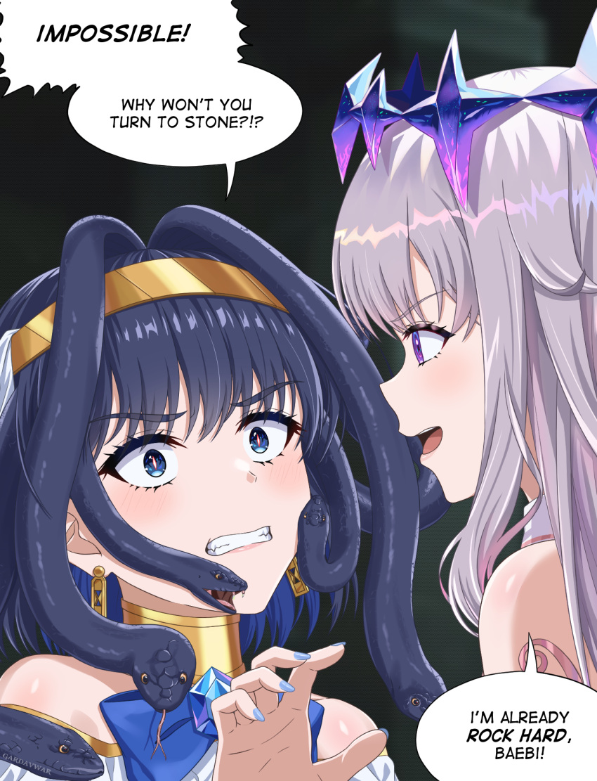 2girls afrodisiac ancient_greek_clothes black_hair blue_eyes blush_stickers circlet clenched_teeth comedy commentary crown english_commentary english_text eye_contact gardavwar glowing glowing_eyes greco-roman_clothes grey_hair highres hololive hololive_english jewelry koseki_bijou long_hair looking_at_another medusaronii_(ouro_kronii) multiple_girls neck_ring official_alternate_costume ouro_kronii parody purple_hair red_pupils snake_hair speech_bubble teeth upper_body v-shaped_eyebrows virtual_youtuber