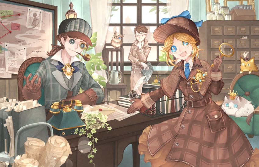 1girl 2boys :d antique_phone armchair bandages bandages_over_eyes beckoning belt belt_buckle bird blonde_hair blue_bow blue_bowtie blue_eyes blue_necktie book book_stack bow bowtie box brooch brown_belt brown_capelet brown_coat brown_gloves brown_hair brown_skirt buckle bulletin_board button_eyes capelet cardboard_box cat chair closed_mouth coat collared_shirt cowboy_shot curtains deerstalker detective eli_clark eli_clark_(recluse) emma_woods emma_woods_(lady_truth) facial_mark file_cabinet folder freckles gloves grey_headwear grey_jacket grey_vest hand_on_own_chin hat highres holding holding_magnifying_glass holding_newspaper identity_v indoors ink_bottle ivy jacket jar jewelry lapels lens_flare letter long_sleeves looking_at_viewer low_ponytail magnifying_glass map medium_hair monocle multiple_boys naib_subedar naib_subedar_(mr._inference) necktie nejimaki_oz newspaper notched_lapels official_alternate_costume outstretched_arm owl paper parted_bangs phone plaid plaid_capelet plaid_coat plaid_headwear plaid_jacket plant popped_collar quill rotary_phone scroll shirt short_hair sidelocks sitting skirt smile smoking smoking_pipe standing table teeth trench_coat upper_body upper_teeth_only vase vest watering_can white_gloves white_shirt window