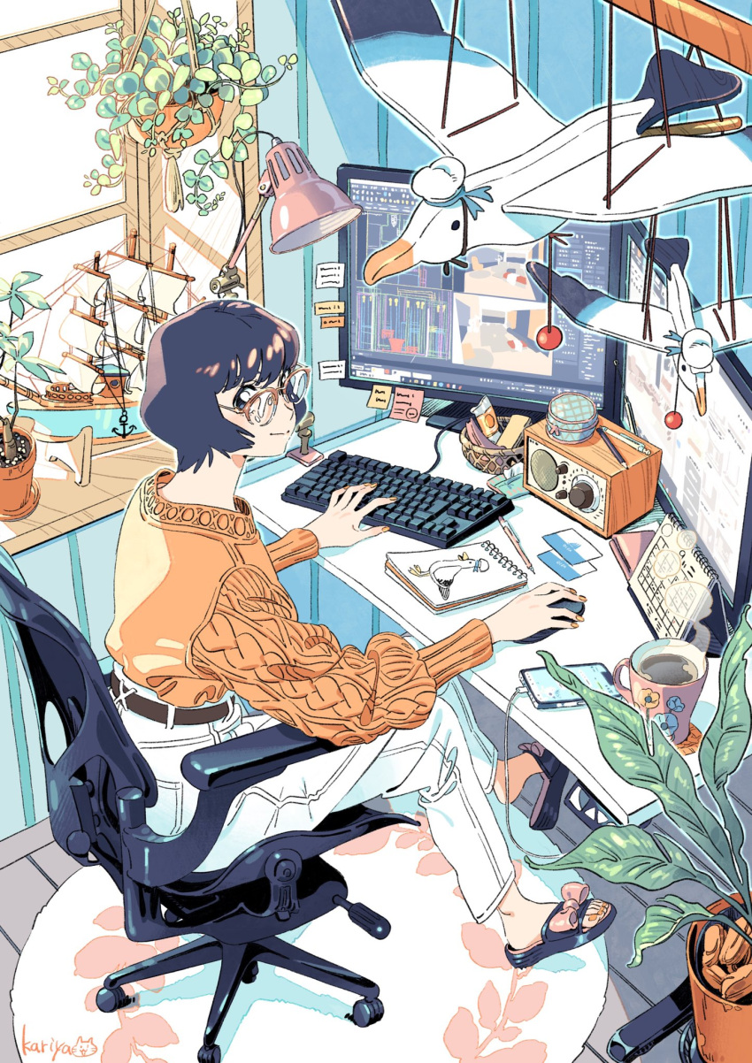 1girl anchor belt bird black_hair brown_belt cable_knit calendar_(object) cellphone chair charging_device closed_mouth coaster coffee_mug commentary crossed_legs cup desk fingernails glasses hat highres indoors kariya_(kry_aia) keyboard_(computer) lamp looking_at_viewer model_ship monitor mouse mug nail_polish notepad office_chair on_chair original pants pencil phone pink_nails plant potted_plant radio rug sail sailor_hat sandals seagull shoe_dangle short_hair signature solo sticky_note sunlight sweater swivel_chair toenail_polish toenails typing white_pants window windowsill