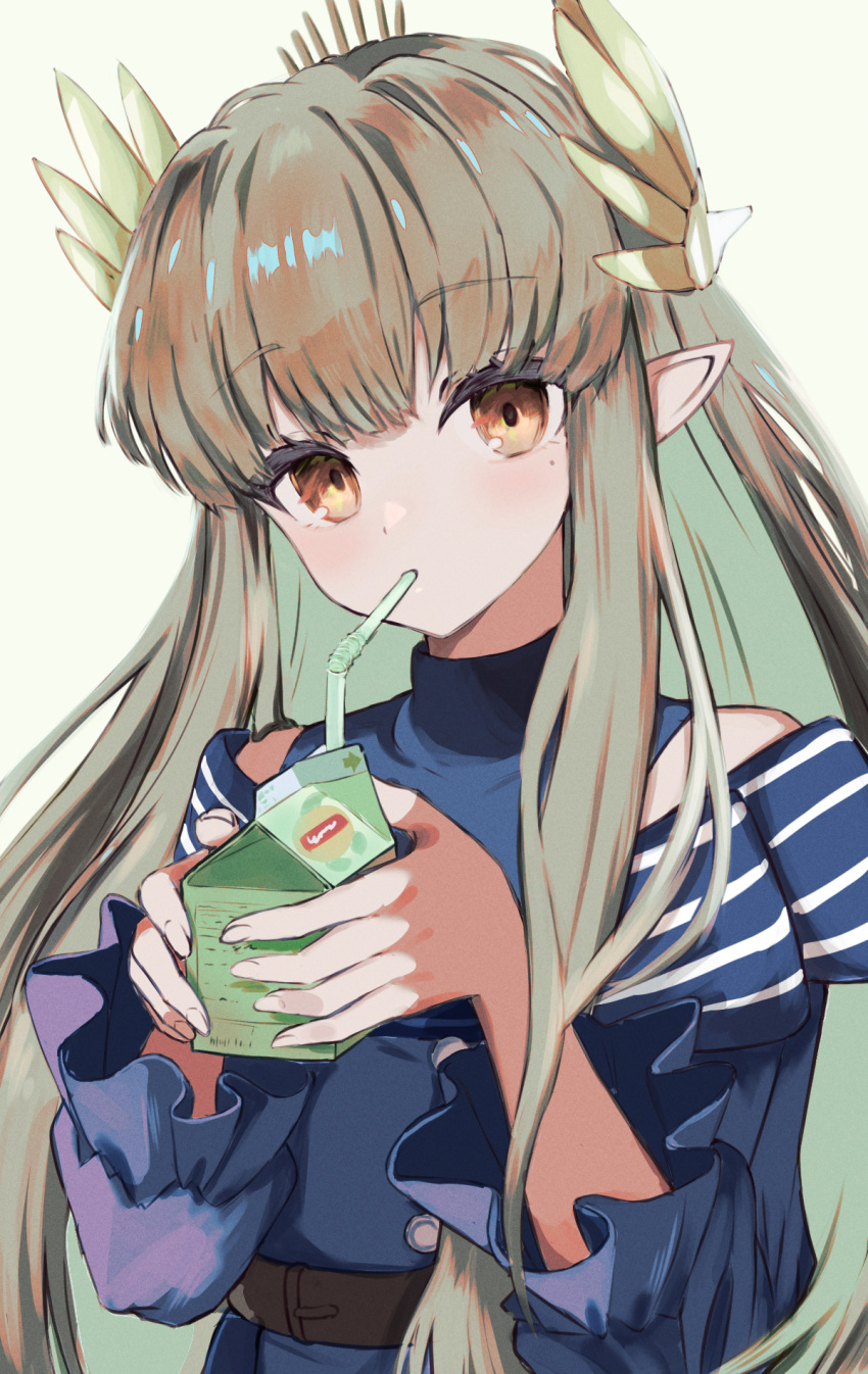 1girl alternate_costume arknights belt blue_dress brown_belt colored_inner_hair commentary_request deyuaru dot_nose dress drinking drinking_straw green_hair head_tilt highres holding_carton laurel_crown light_brown_hair long_sleeves looking_at_viewer milk_carton mole mole_under_eye muelsyse_(arknights) multicolored_hair orange_eyes pointy_ears simple_background solo upper_body white_background