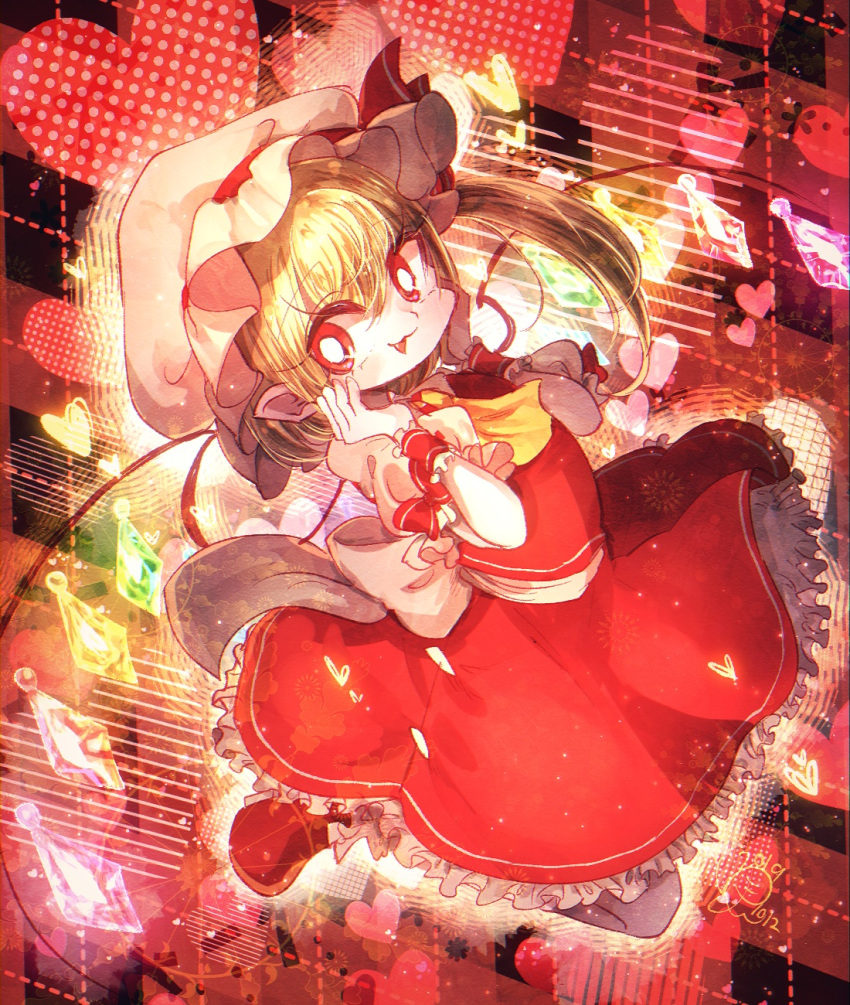 1girl :3 argyle argyle_background ascot blonde_hair bright_pupils collared_shirt commentary_request fang flandre_scarlet frilled_sleeves frilled_wrist_cuffs frills hands_on_own_cheeks hands_on_own_face hat hat_ribbon heart highres jumping mob_cap open_mouth petticoat pointy_ears puffy_short_sleeves puffy_sleeves red_background red_footwear red_skirt red_vest red_wrist_cuffs ribbon shirt short_sleeves side_ponytail skirt solo touhou vest white_pupils white_ribbon wings wrist_cuffs yellow_ascot yukkyon_kyon