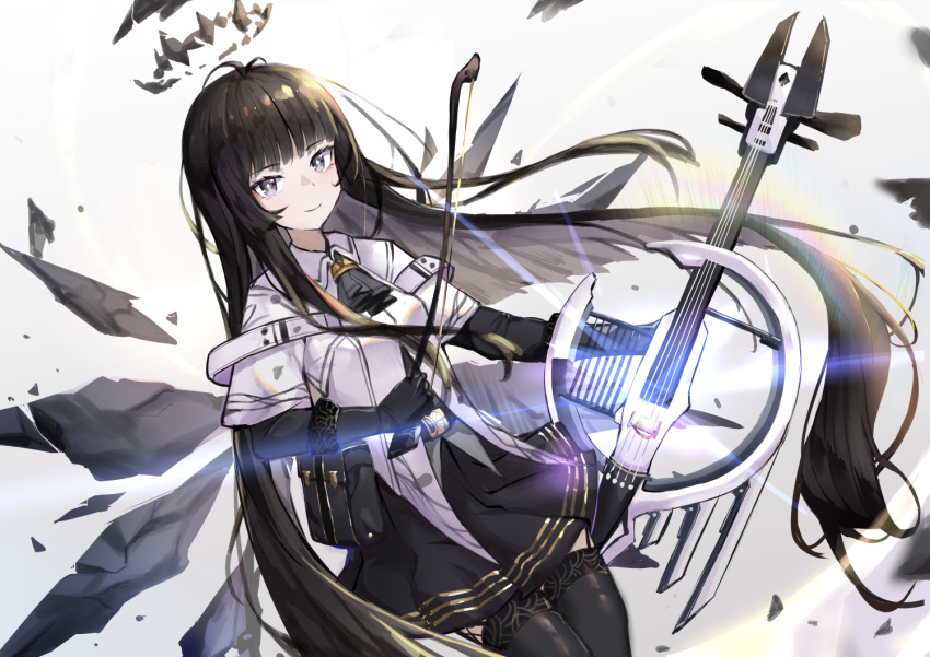 1girl antenna_hair arknights ascot belt belt_buckle belt_pouch black_ascot black_belt black_eyes black_garter_straps black_gloves black_hair black_halo black_pouch black_skirt black_sleeves black_thighhighs black_wings blunt_bangs bow_(music) breasts bright_pupils broken_halo buckle cello closed_mouth collared_jacket colored_inner_hair commentary cowboy_shot dark_halo detached_wings dutch_angle energy_wings eyelashes floating_hair from_side garter_straps glint gloves grey_hair grey_shirt halo hands_up hime_cut holding holding_instrument holding_violin instrument jacket layered_sleeves lens_flare long_hair long_sleeves looking_at_viewer looking_to_the_side miniskirt multicolored_hair pale_skin pleated_skirt pouch rainbow_(pixiv_66183854) shirt short_over_long_sleeves short_sleeved_jacket short_sleeves sidelocks simple_background skirt smile solo standing symbol-only_commentary thigh-highs two-tone_hair very_long_hair violin virtuosa_(arknights) white_background white_belt white_jacket white_pupils wide_sleeves wing_collar wings