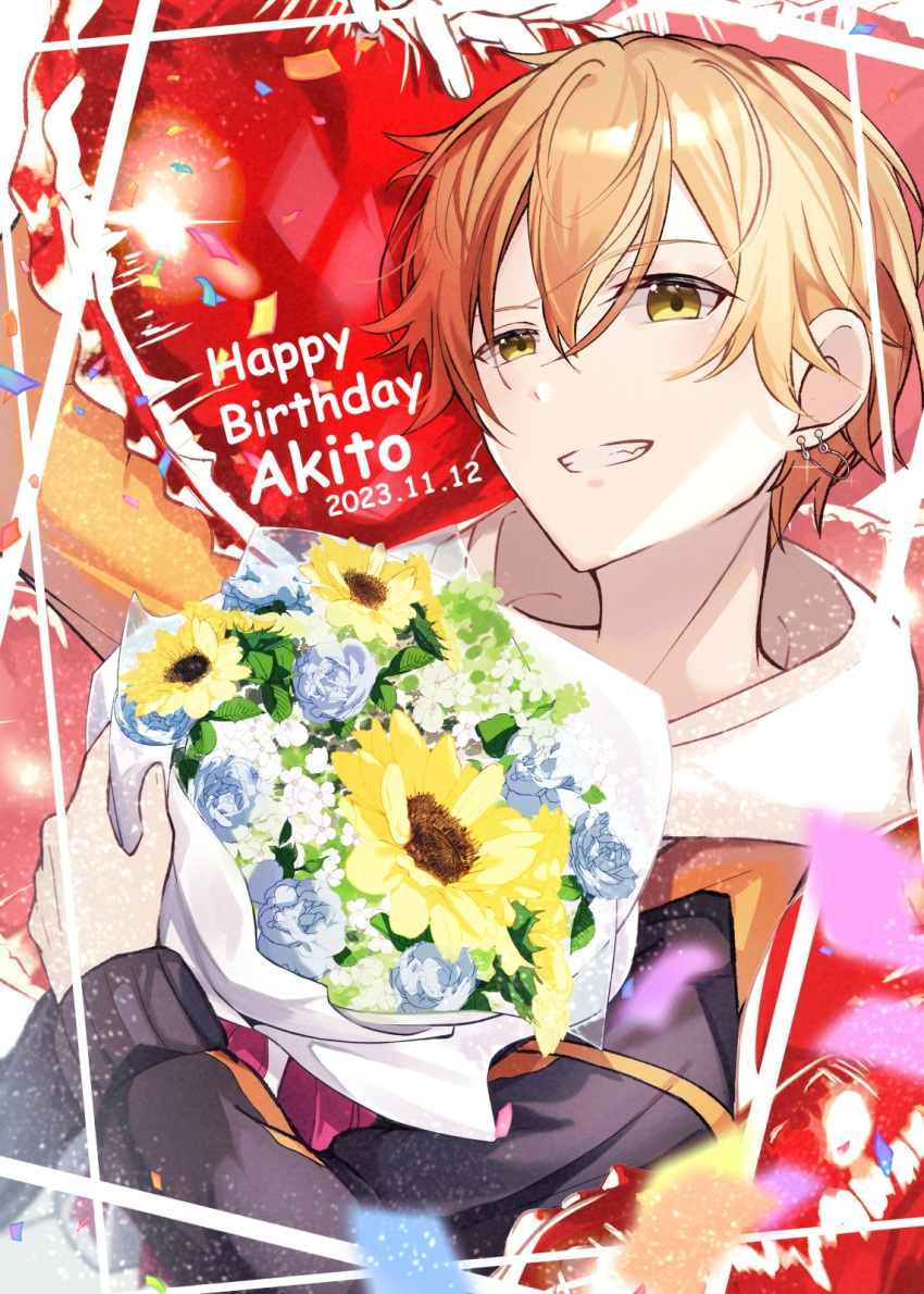 1boy blue_flower bouquet character_name commentary_request confetti dated earrings flower green_eyes happy_birthday highres holding holding_bouquet hood hood_down jewelry long_sleeves looking_at_viewer male_focus orange_hair project_sekai shinonome_akito short_hair smile solo sunflower teeth toratora789 upper_body
