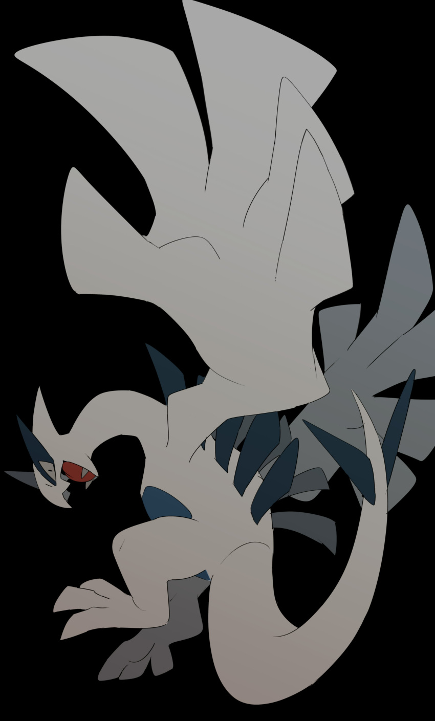 ._. 45_(maruyaki45) absurdres animal_focus black_background fangs flying highres looking_at_viewer lugia open_mouth pokemon pokemon_(creature) solo tail