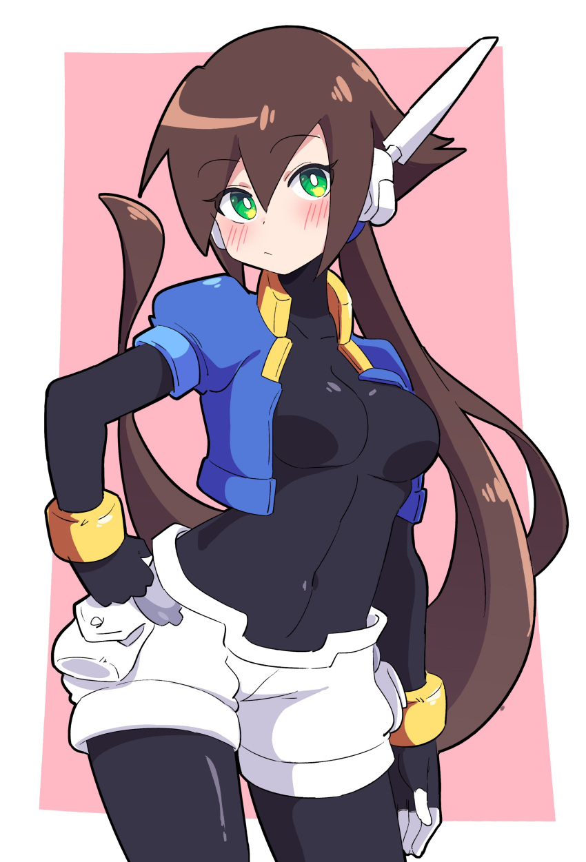 1girl absurdres aile_(mega_man_zx) black_bodysuit bodysuit bodysuit_under_clothes breasts brown_hair buzzlyears closed_mouth covered_collarbone covered_navel cowboy_shot cropped_jacket green_eyes hair_between_eyes hand_on_own_hip highres jacket latex latex_bodysuit long_hair looking_at_viewer medium_breasts mega_man_(series) mega_man_zx open_clothes open_jacket robot_ears short_shorts short_sleeves shorts sidelocks skin_tight solo very_long_hair white_shorts